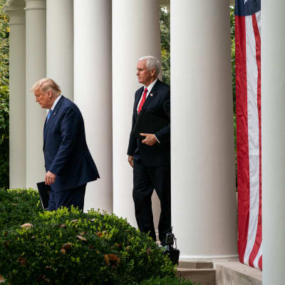 Donald Trump ja Mike Pence Valkoisen talon pihalla.