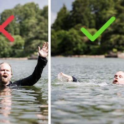 Miltä hukkuva näyttää? Kaksi kuvaa. Henkilö huutaa ja heiluttaa käsiä veden pinnan yläpuolella. Vääriin. Henkilö painaa käsiään veden pintaa vasten. Oikein.
