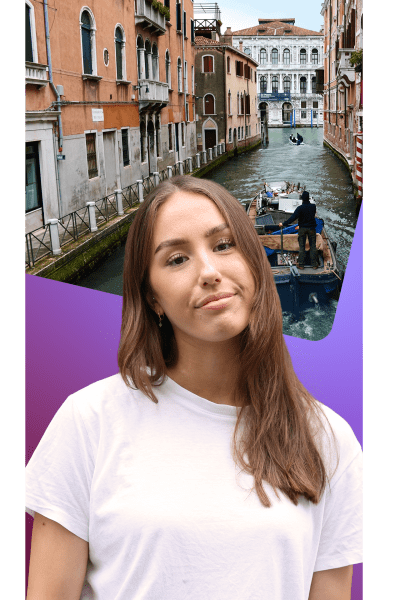 Isabella Biorac Haaja i en vit t-tröja mot en lila bakgrund och Venedig utklippt i bakgrunden
