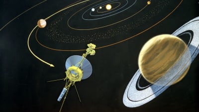 Rymdsonden Voyager 1 vid Saturnus, som Nasas konstnär såg den 1977.