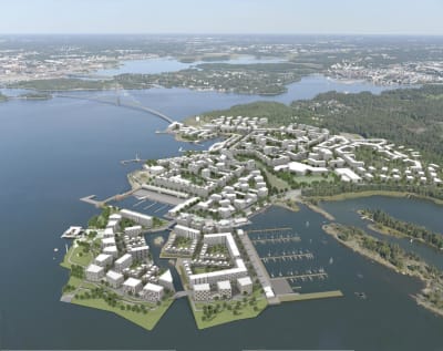 Arkitektbyråns planeringsbild på Kronbergsstranden år 2025.