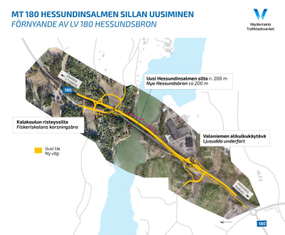 En satellitbild över Hessundsbron, och med gul färg inritat hur den nya Hessundsbron med anslutningar ska byggas.