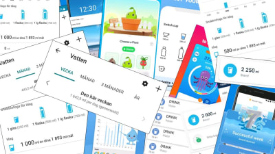 Kollage av bilder från mobilappar som bokför vattenmängd. På den översta bilden i kollaget står det "Vatten: Den här veckan 1 642 ml per dag (genomsnitt)".
