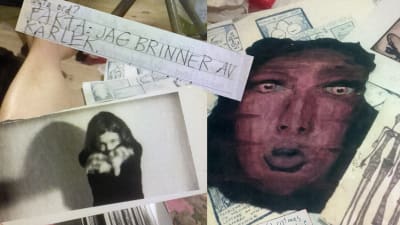 Collage av gamla texter och bilder, abstrakta kroppar och ordcitat som "jag brinner av kärlek"