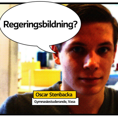 Gymnasiestuderande Oscar Stenbacka i vasa med grafik för hashtaggen femtioelvafrågor och pratbubbla med frågan regeringsbildning?