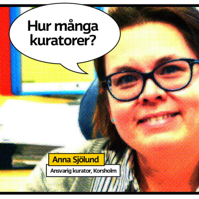 Kuratorn Anna Sjölund som seriewtidningsbild med pratbubbla och texten "hur många kuratorer?"