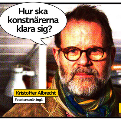 Fotokonstnären Kristoffer Albrecht i Ingå i sitt arbetsrum som serietidningsaktig rastrerad bild med pratbubbla och frågan "Hur ka konstnärerna klara sig?"