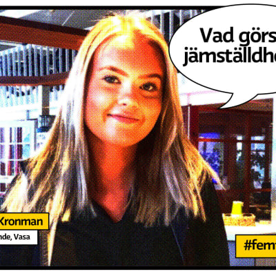 Studerande Linn kronman i vasa som serietidningssida med pratbubbla och texten Vad görs för jömställdheten?