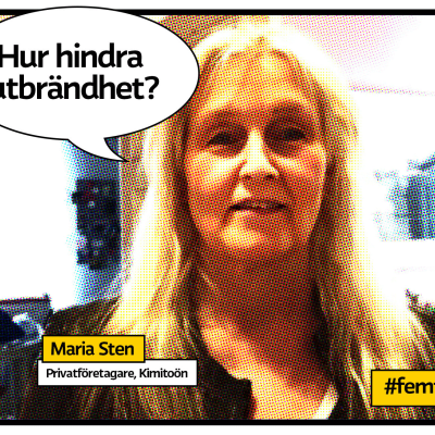 Maria Sten porträtt inomhus som serietidningssida med texten Hur hindra utbrändhet?"