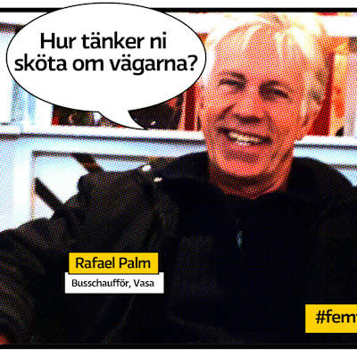 Pensionären och busschauffören Rafael Palm i Vasa som tecknad serieruta med pratbubbla med texten "Hur tänker ni sköta om vägarna?"