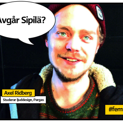 Ljuddesignsstuderanden Axel Ridberg vid Arcada i Pargas som rstrerad serietidningsbild med pratbubbla och texten "Avgår Sipilä?".