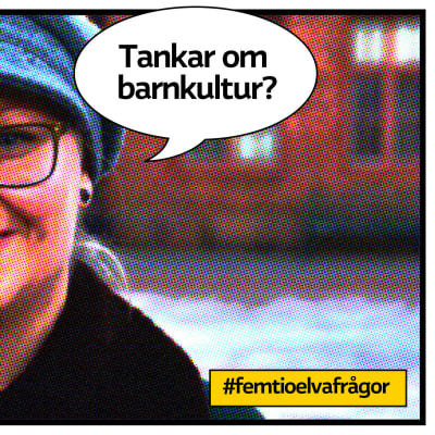 Barnkulturkoordinator Pamela Andersson som serietidningsbild med pratbubbla och texten "Tankar om barnkultur?"