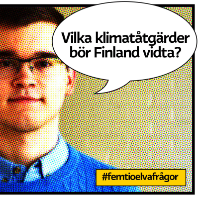 Gymnasisten Rasmus Bokull i Vörå som rastrerad serietidningsbild med pratbubbla med texten "Vilka klimatåtgärder bör Finland ta?"