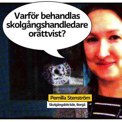 Pernilla Stenström som seriesida med pratbubbla och texten "Varför behandlas skolgångshandledare orättvist?"