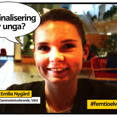Gymnasisten Emilia Nygård i serietidningsrastrerad bild med pratbubbla och texten "Marginalisering av unga?"