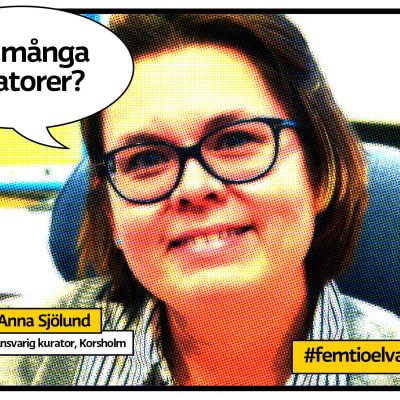 Kuratorn Anna Sjölund som seriewtidningsbild med pratbubbla och texten "hur många kuratorer?"