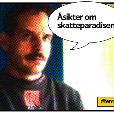 Ulf Holm i Malax som seriefigursrastrerad bild med pratbubbla och texten "åsikter om skatteparadisen?"