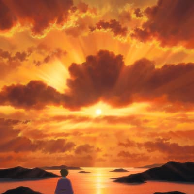 En ritad bild där en ung person står och tittar ut över havet i solnedgången.