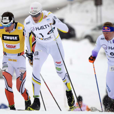 Ari Luusua (vas.), Matias Strandvall ja Iivo Niskanen Taivalkosken SM-kisojen sprinttifinaalissa.