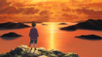En ritad bild där en ung person står och tittar ut över havet i solnedgången.
