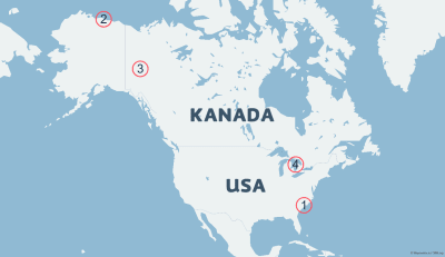 En karta som visar var de fyra objekten skjutits ner ovanför USA och Kanada.