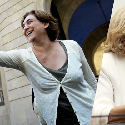 Barcelonan uusi pormestari Ada Colau (vas.) ja Madridin uusi pormestari Manuela Carmena.