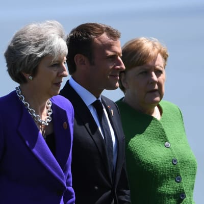 May, Macron och Merkel under G7-mötet i Kanada 2018. 