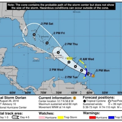 Stormen Dorian utvecklas troligtvis till en orkan då den når Puerto Rico på onsdag