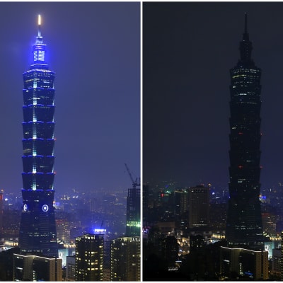 Kuvakollaasi normaalista ja pimennetystä Taipei 101 -pilvenpiirtäjästä.