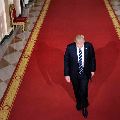 Donald Trump kävelee valkoisen talon käytävällä.