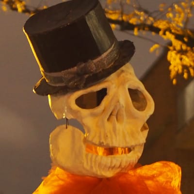 kaksi Halloween-luurankonukkea New Yorkissa puistomaisella kadulla.