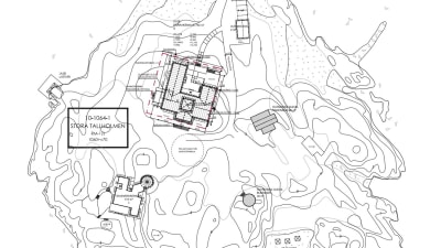En karta i svart vitt över en ö med ritningar av hus.