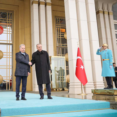 President Sauli Niinistö skakar hand med Recep Tayyip Erdogan i Ankara.