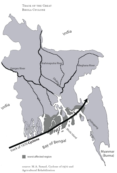 Karta över Bhola-cyklonens framfart 1970.