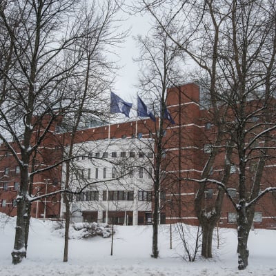 Liput liehuvat Kuopion oikeus- ja poliisitalon edustalla Kuopiossa.