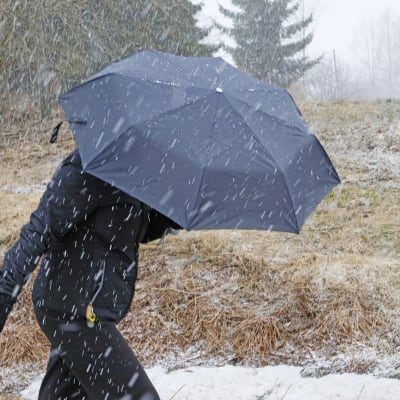 Nainen kulkee sateenvarjolla lumipyryssä.
