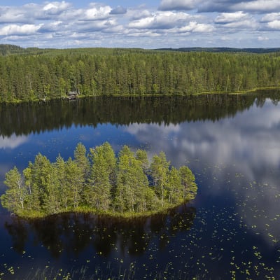 Ilmakuvassa on suomalainen järvimaisema.