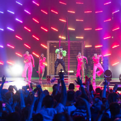 En grönklädd person och fyra personer klädda i ljusrött uppträder på en scen.