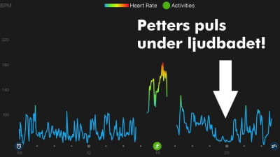 En graf som visar en människas puls under en dag. Vid ett skede är pulsen mycket låg, och där står "Petters puls under ljudbadet!".
