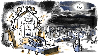 illustration av hjältegrav och sörjande familj, kransar och gravgård