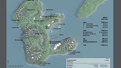 En kartbild som visar hur stugor och andra byggnader planeras på en holme i Ekenäs östra skärgård.