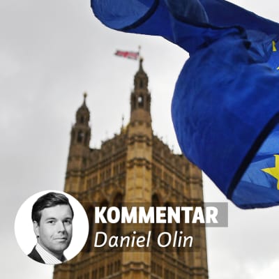 Bild på Eu:s flagga framför byggnad i London, text kommentar Daniel Olin och liten bild på mans ansikte