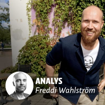 De grönas leende ordförande Touko Aalto i bakgrunden. I förgrunden texten Analys Freddi Wahlström, och en bild på Freddi Wahlström.