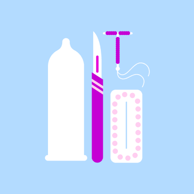 Piirroskuva raskauden ehkäisyyn liittyvistä välineistä: kondomi, kuparikierukka, e-pillerit ja kirurginveitsi, joka viittaa vasektomiaan.