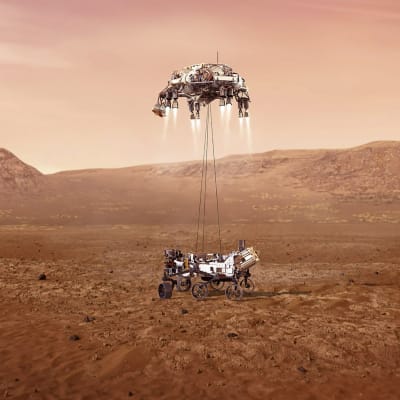 En vision av laboratoriefarkosten Perseverance då det släpps ned på Mars yta.