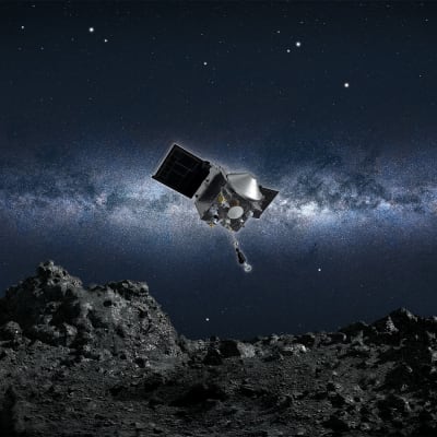 Taiteilijan näkemys Nasan Osiris-Rex-luotaimesta. 
