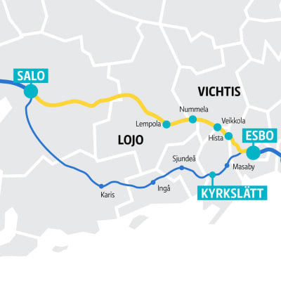 Karta som visar den nya järnvägssträckningen mellan Åbo och Helsingfors i relation till kustbanan via Karis.