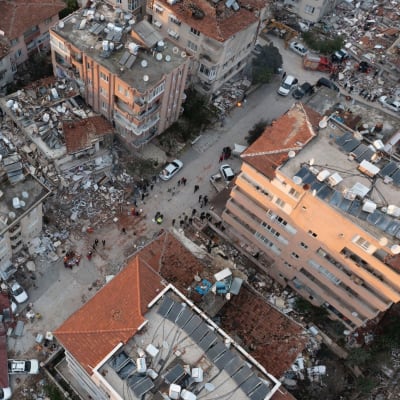 Förstörda byggnader i Hatay, Turkiet.