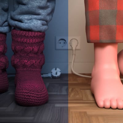 Graafinen kuva kaksista jalkapareista lattialla, toisella jalassa villasukat ja toinen on paljain jaloin.