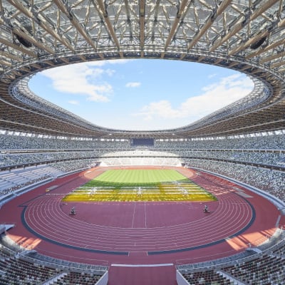 Huvudarenan i Tokyos nya olympiastadion fotograferad den 13.11. 2019. Den nya olympiastadion kom att kosta ungefär 1,4 miljarder dollar. 